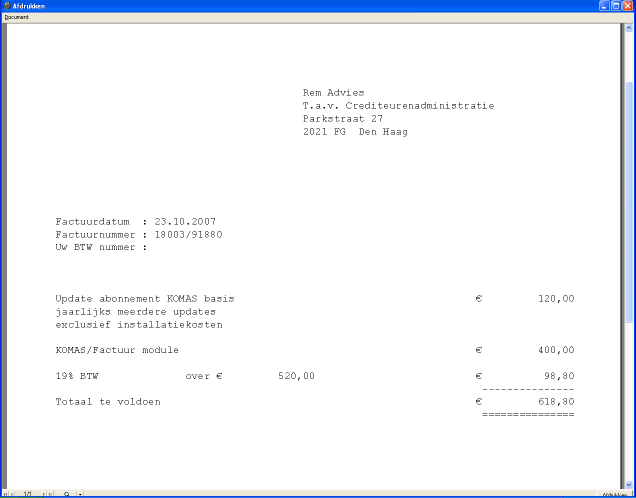Een voorbeeld van een proeffacturen in KOMAS/Factuur
