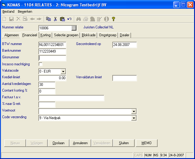 Speciale gegevens bij de relatie t.b.v. KOMAS/Factuur